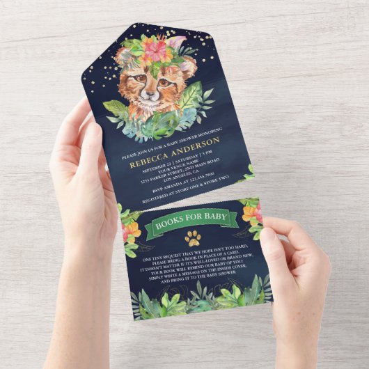 熱帯ジャングルサファリチータネイビーベイビーシャワー オールインワン招待状 (貼ってはがせる)