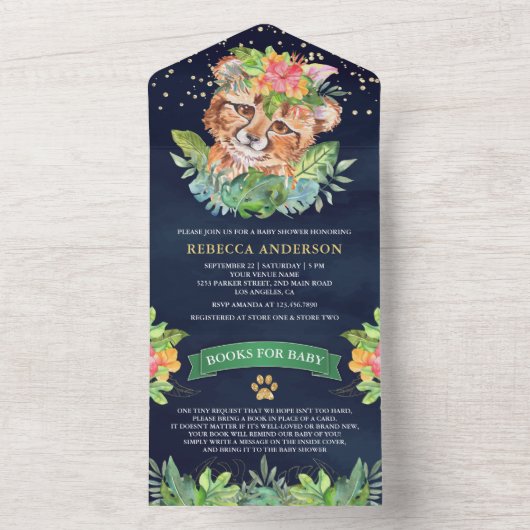 熱帯ジャングルサファリチータネイビーベイビーシャワー オールインワン招待状 (内側)