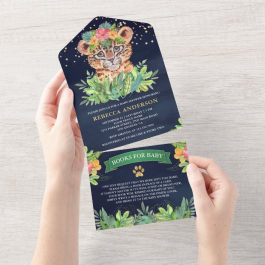 熱帯ジャングルサファリレオパード海軍ベビーシャワー オールインワン招待状 (貼ってはがせる)