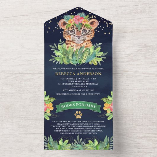 熱帯ジャングルサファリレオパード海軍ベビーシャワー オールインワン招待状 (内側)