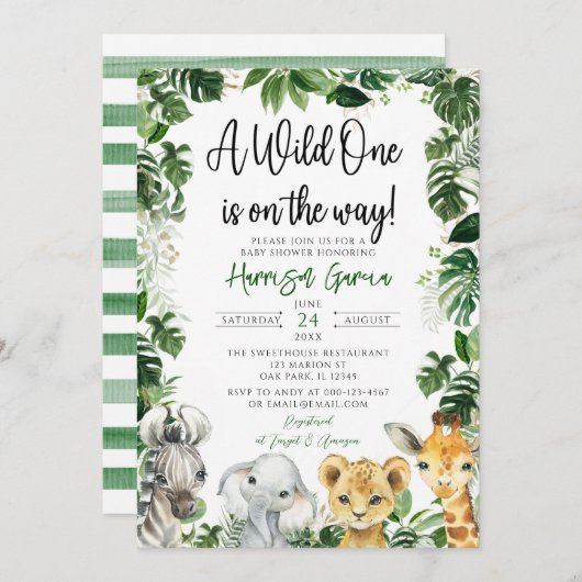 熱帯ジャングルサファリ動物のベビーシャワー 招待状 (正面/裏面)