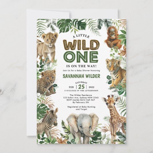 熱帯ジャングルサファリ動物のベビーシャワー 招待状 (正面)