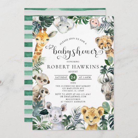 熱帯ジャングルサファリ動物のベビーシャワー 招待状 (正面/裏面)