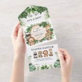 熱帯ジャングルサファリ動物の男の子の赤ちゃんシャワー オールインワン招待状 (貼ってはがせる)