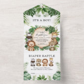 熱帯ジャングルサファリ動物の男の子の赤ちゃんシャワー オールインワン招待状 (内側)