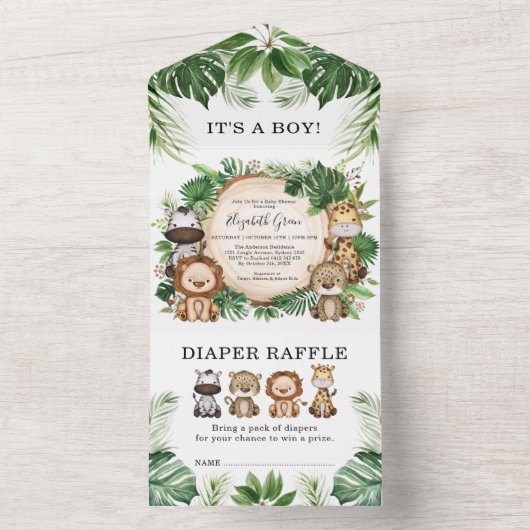 熱帯ジャングルサファリ動物の男の子の赤ちゃんシャワー オールインワン招待状 (内側)