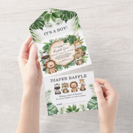 熱帯ジャングルサファリ動物の男の子の赤ちゃんシャワー オールインワン招待状