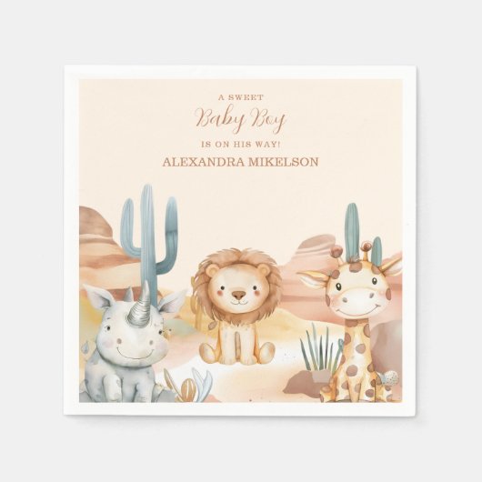 熱帯ジャングルサファリ動物の男の子の赤ちゃんシャワー スタンダードカクテルナプキン (正面)