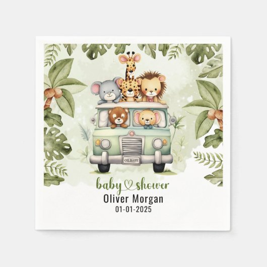 熱帯ジャングルサファリ動物の男の子の赤ちゃんシャワー スタンダードカクテルナプキン (正面)