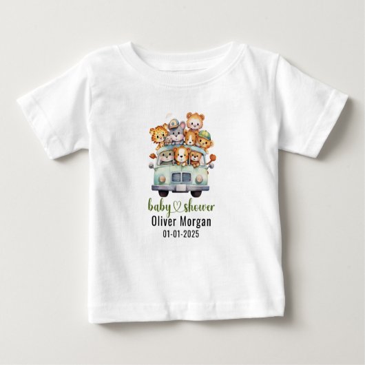 熱帯ジャングルサファリ動物の男の子の赤ちゃんシャワー ベビーTシャツ (正面)