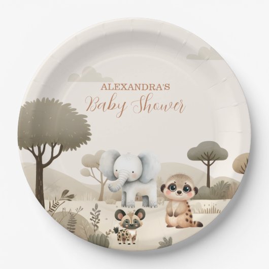 熱帯ジャングルサファリ動物の男の子の赤ちゃんシャワー ペーパープレート (正面)