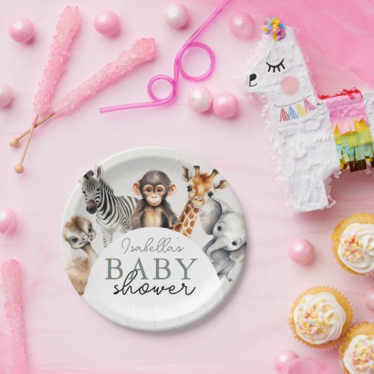 熱帯ジャングルサファリ動物の男の子の赤ちゃんシャワー ペーパープレート (パーティー)