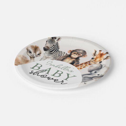 熱帯ジャングルサファリ動物の男の子の赤ちゃんシャワー ペーパープレート (アングル)