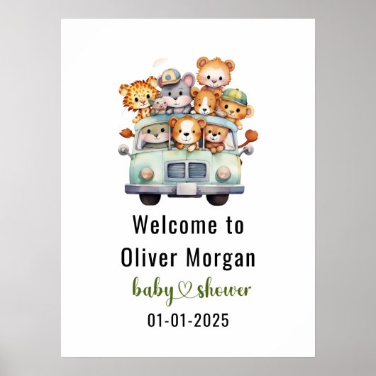 熱帯ジャングルサファリ動物の男の子の赤ちゃんシャワー ポスター (正面)
