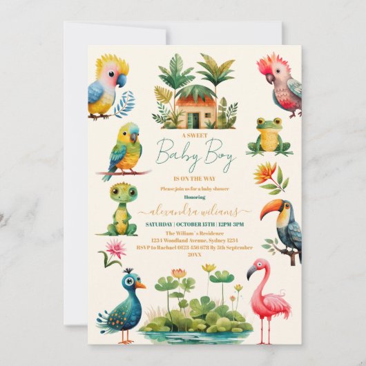 熱帯ジャングルサファリ動物の男の子の赤ちゃんシャワー 招待状 (正面)