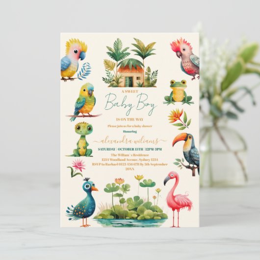 熱帯ジャングルサファリ動物の男の子の赤ちゃんシャワー 招待状 (スタンド正面)