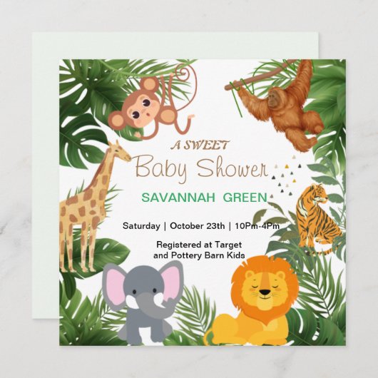 熱帯ジャングルサファリ動物の男の子の赤ちゃんシャワー 招待状 (正面/裏面)