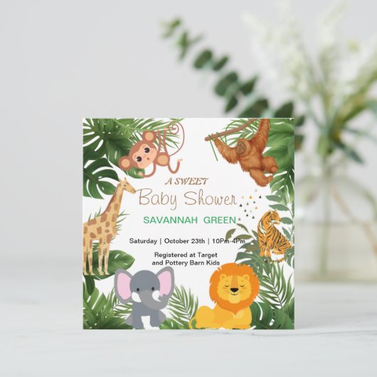 熱帯ジャングルサファリ動物の男の子の赤ちゃんシャワー 招待状 (スタンド正面)
