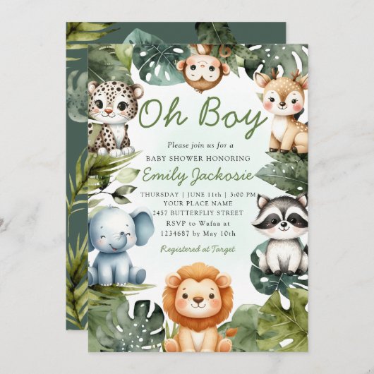 熱帯ジャングルサファリ動物の男の子の赤ちゃんシャワー 招待状 (正面/裏面)