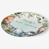 熱帯ジャングルサファリ動物の緑のベビーシャワー ペーパープレート (アングル)