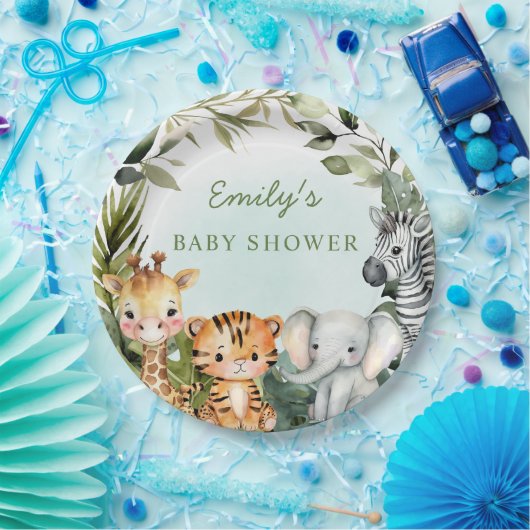 熱帯ジャングルサファリ動物の緑のベビーシャワー ペーパープレート (パーティー)