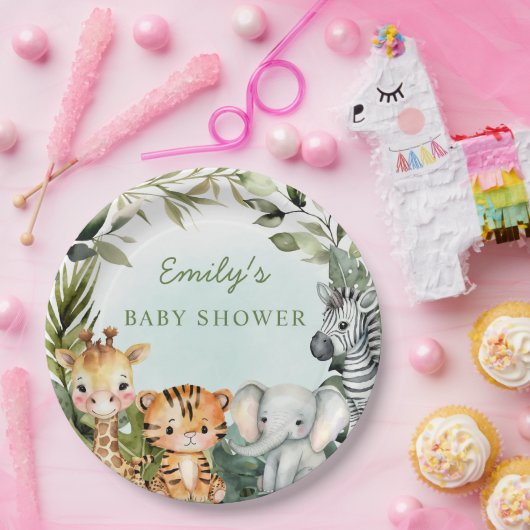 熱帯ジャングルサファリ動物の緑のベビーシャワー ペーパープレート (パーティー)