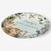 熱帯ジャングルサファリ動物の緑のベビーシャワー ペーパープレート (アングル)