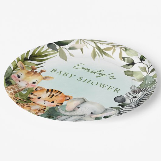 熱帯ジャングルサファリ動物の緑のベビーシャワー ペーパープレート (アングル)
