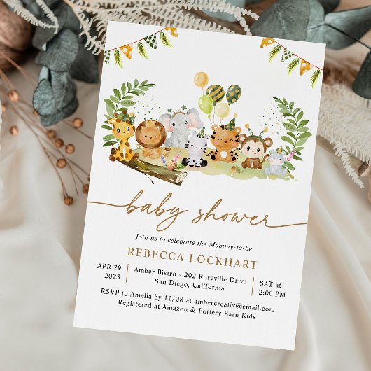 熱帯ジャングルサファリ動物の赤ちゃんシャワーニュートラル 招待状