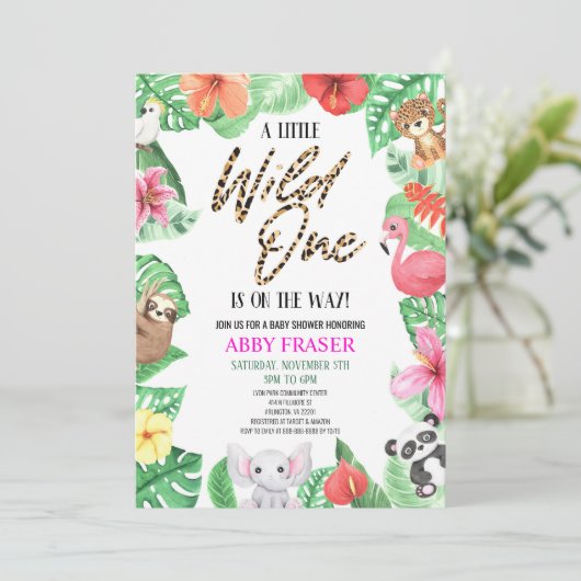 熱帯ジャングルサファリ動物園の野生動物の赤ちゃんシャワー 招待状 (スタンド正面)