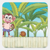 熱帯ジャングルシーンのサルとカタツムリ スクエアシール (正面)