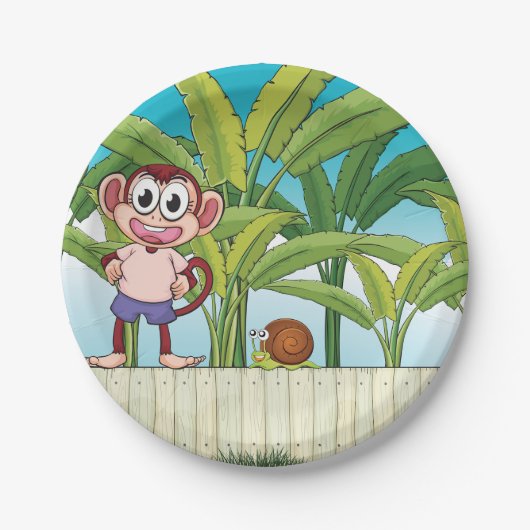 熱帯ジャングルシーンのサルとカタツムリ ペーパープレート (正面)