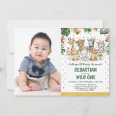 熱帯ジャングルパーティー動物ワイルドワン誕生日 招待状 (正面)