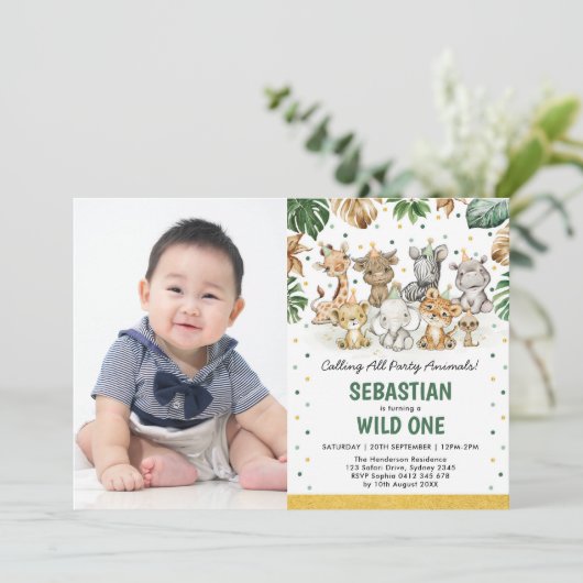 熱帯ジャングルパーティー動物ワイルドワン誕生日 招待状 (スタンド正面)