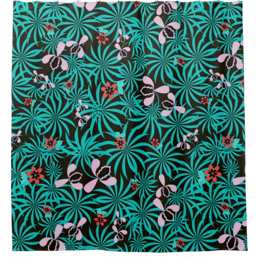 熱帯ジャングルパ葉メラン花開花c シャワーカーテン (正面)