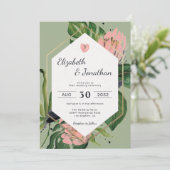 熱帯ジャングルピンクの花と葉フローラのモダン 招待状 (スタンド正面)