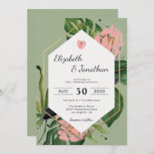 熱帯ジャングルピンクの花と葉フローラのモダン 招待状 (正面/裏面)