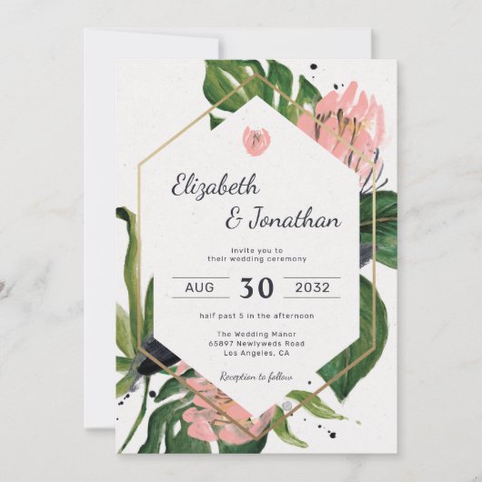 熱帯ジャングルピンクの花と葉フローラのモダン 招待状 (正面)