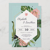 熱帯ジャングルピンクの花と葉フローラのモダン 招待状 (正面/裏面)