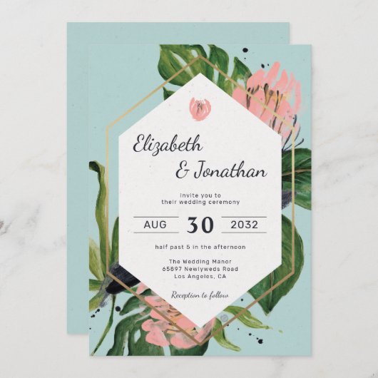 熱帯ジャングルピンクの花と葉フローラのモダン 招待状 (正面/裏面)