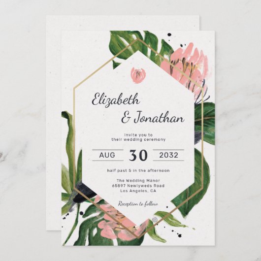 熱帯ジャングルピンクの花と葉フローラのモダン 招待状 (正面/裏面)