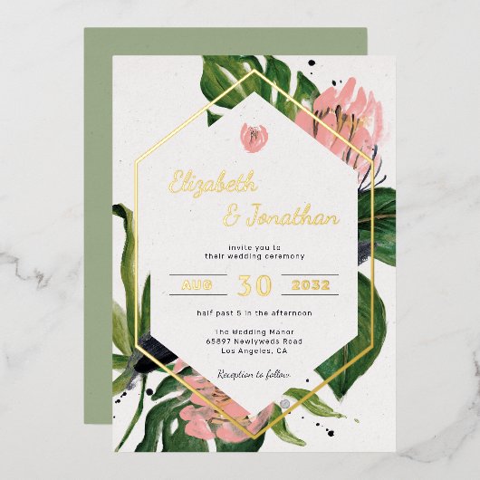 熱帯ジャングルモダンフローラピンクの花葉と 箔招待状 (正面/裏面)