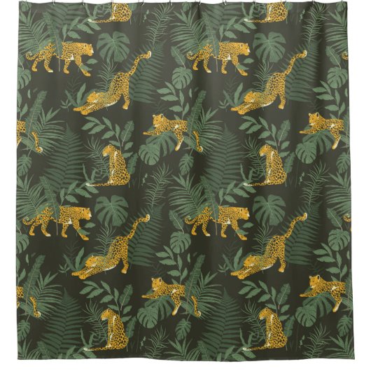 熱帯ジャングルモンステラヤシ葉ヒョウ シャワーカーテン (正面)