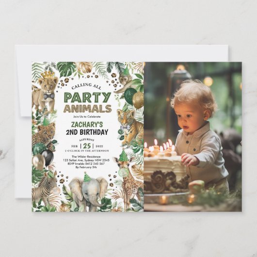 熱帯ジャングルワイルドパーティー動物誕生日写真 招待状 (正面)