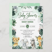熱帯ジャングル動物サファリの少年のベビーシャワー 招待状 (正面/裏面)