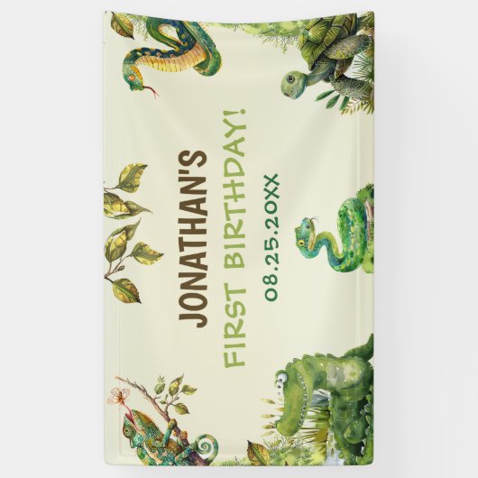 熱帯ジャングル爬虫類子供の誕生日パーティー 横断幕 (縦)