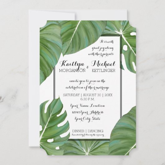熱帯ジャングル白モダン葉樹群沿岸 招待状 (正面)