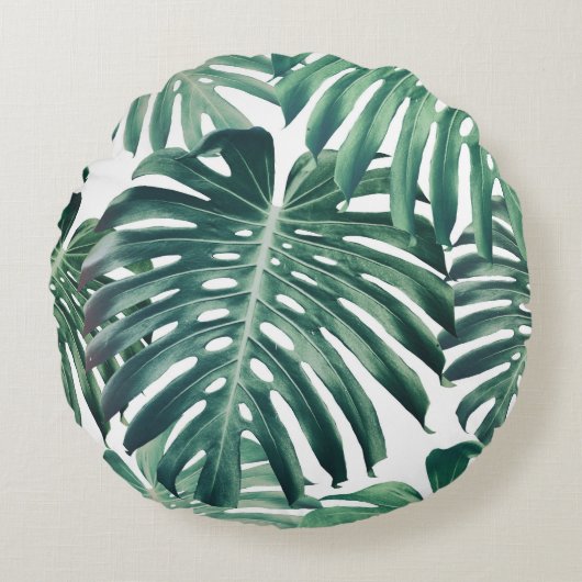 熱帯ジャングル葉のフローラ背景 ラウンドクッション (正面)