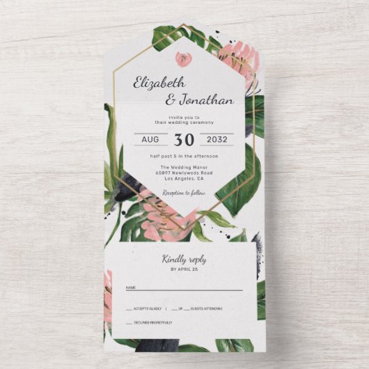 熱帯ジャングル葉フローラとピンクの花モダン オールインワン招待状 (内側)
