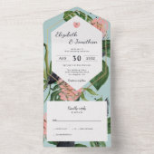 熱帯ジャングル葉フローラとピンクの花モダン オールインワン招待状 (内側)